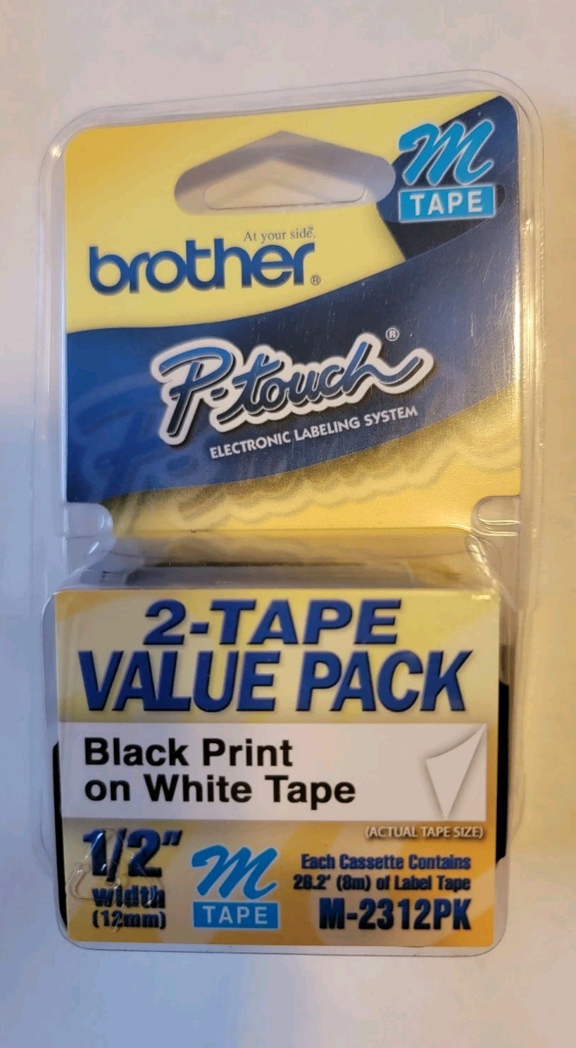 NEW (2) PACK BROTHER M-2312PK 12mm (1/2″) Black on White Labels M-231