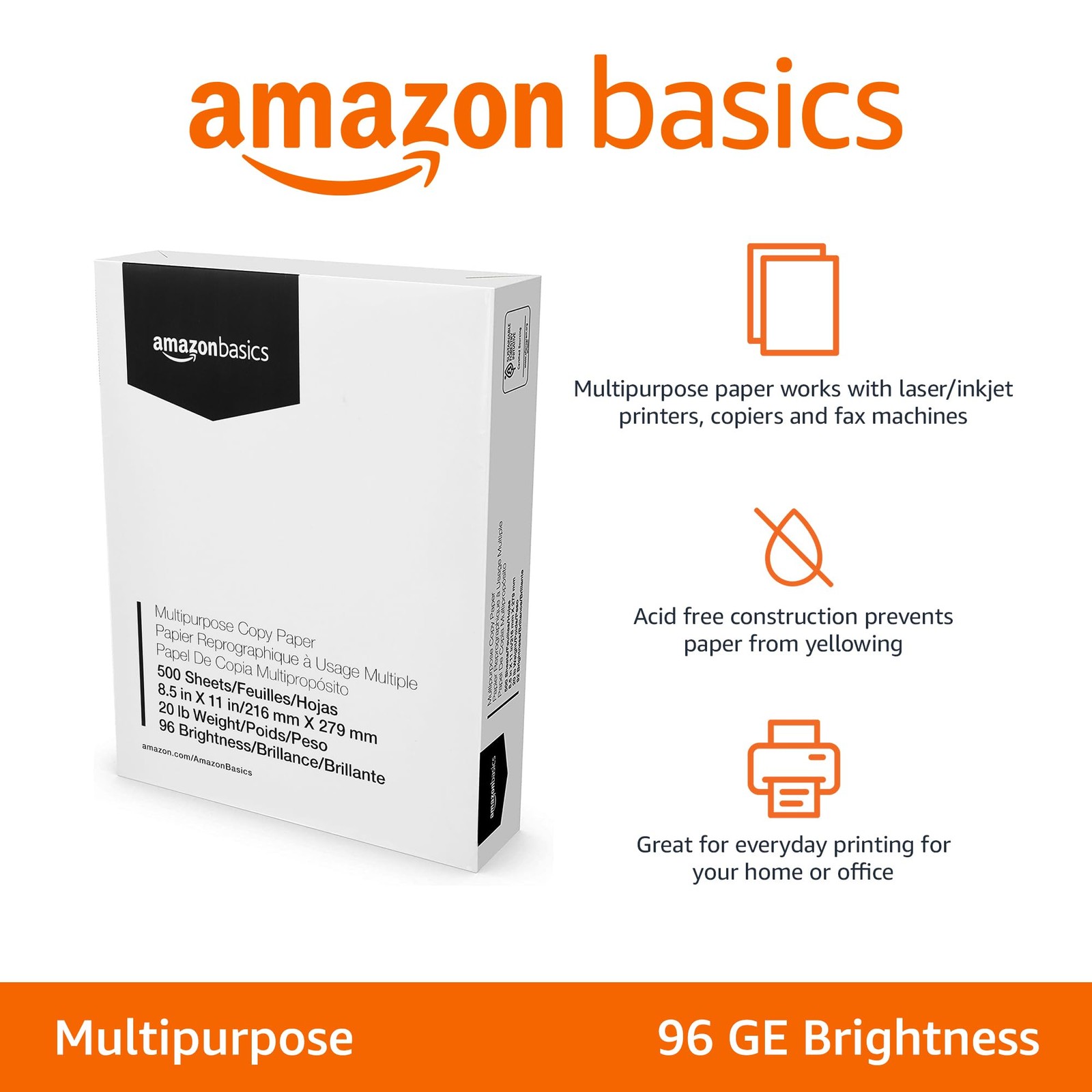 Amazon Basics Multipurpose Copy Printer Paper, 8.5 x 500 Sheets (20lb), White