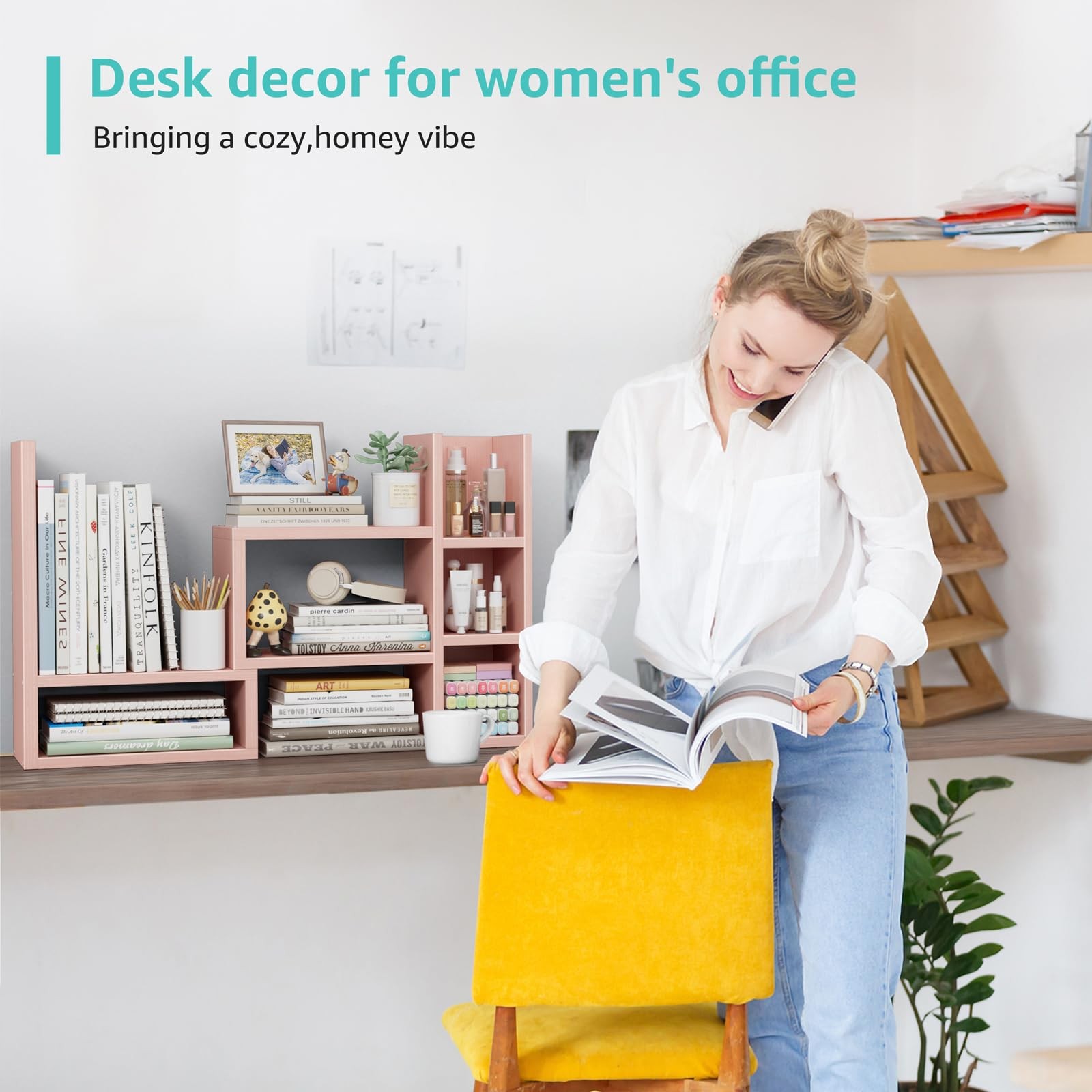 NUTIKAS Desk Shelves Desktop Organizer Shlef – Pink Office 13.2 Inches,