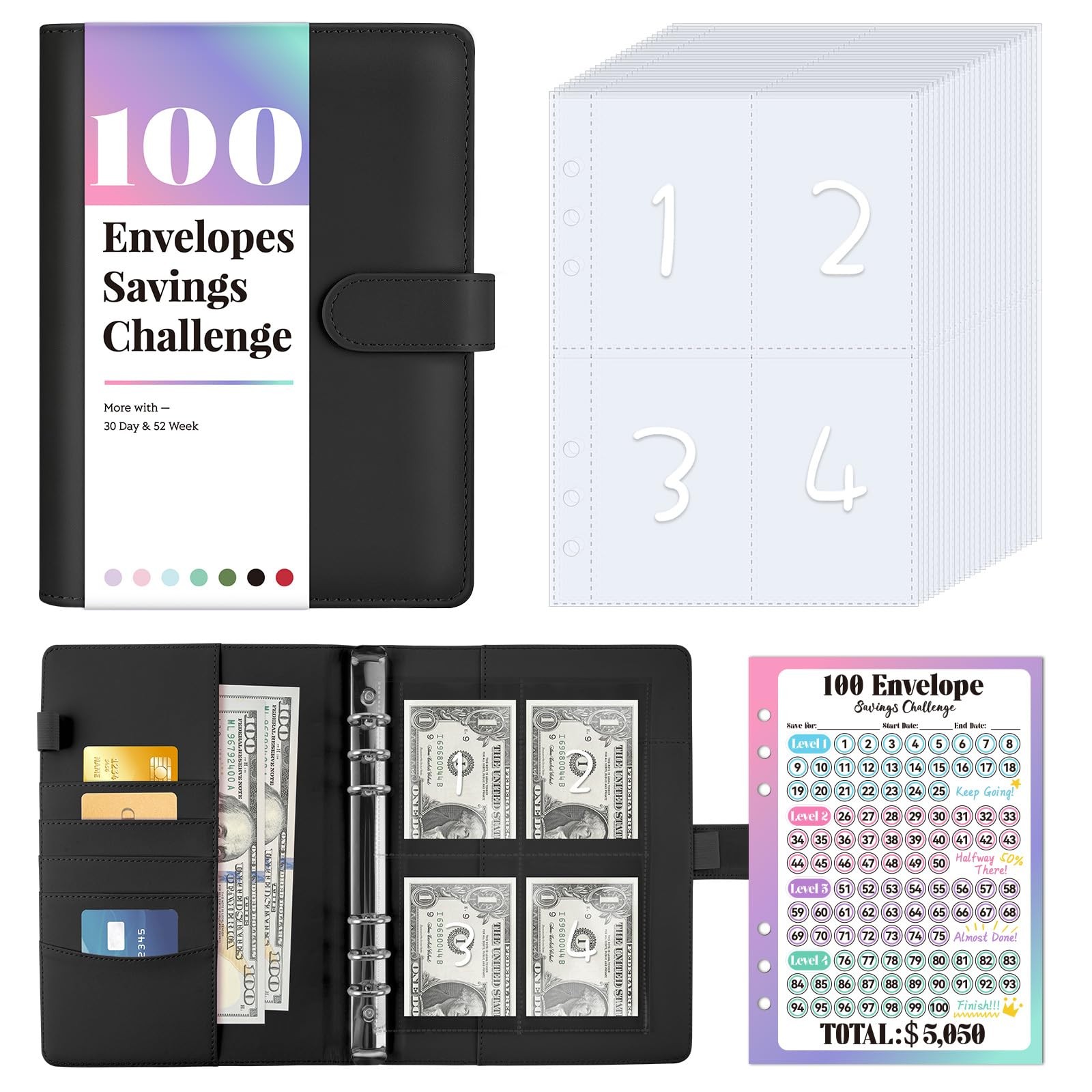 100 Envelope Money Saving Challenge Book with 100 Pocket Pre-numbered & Reusa…