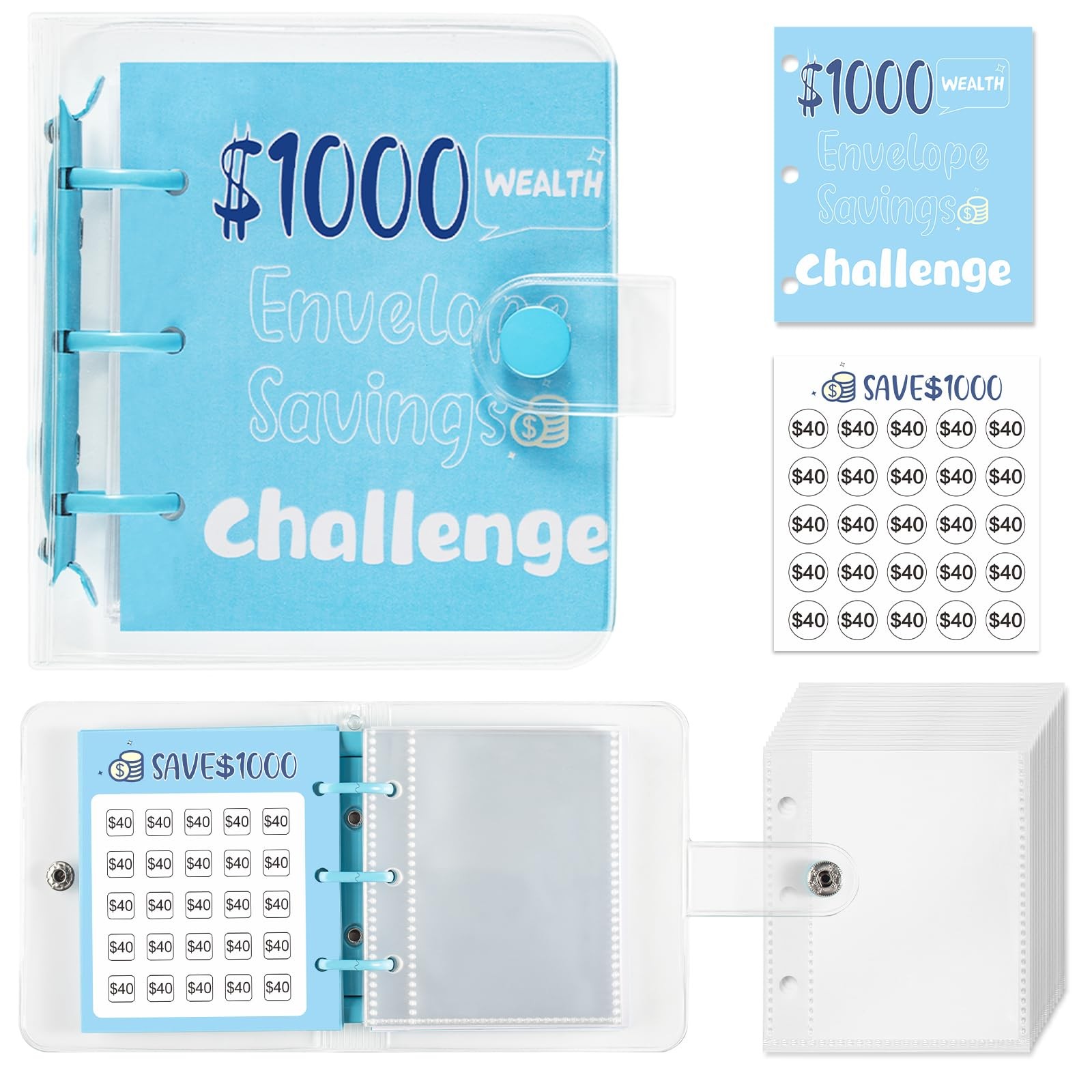 Blue $1000 Savings Challenge Binder Mini Budget Book Cash Envelope Reusable