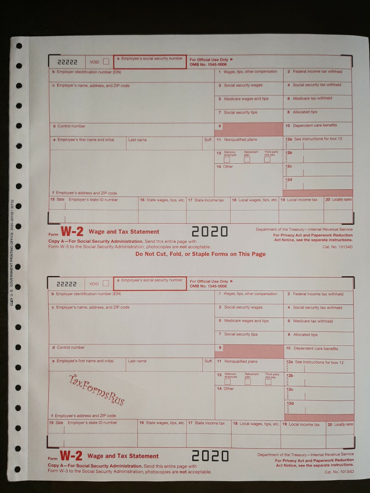 2020 IRS Tax Form W-2 Wage Stmts CARBONLESS single sheet for 2 employees, 6-part