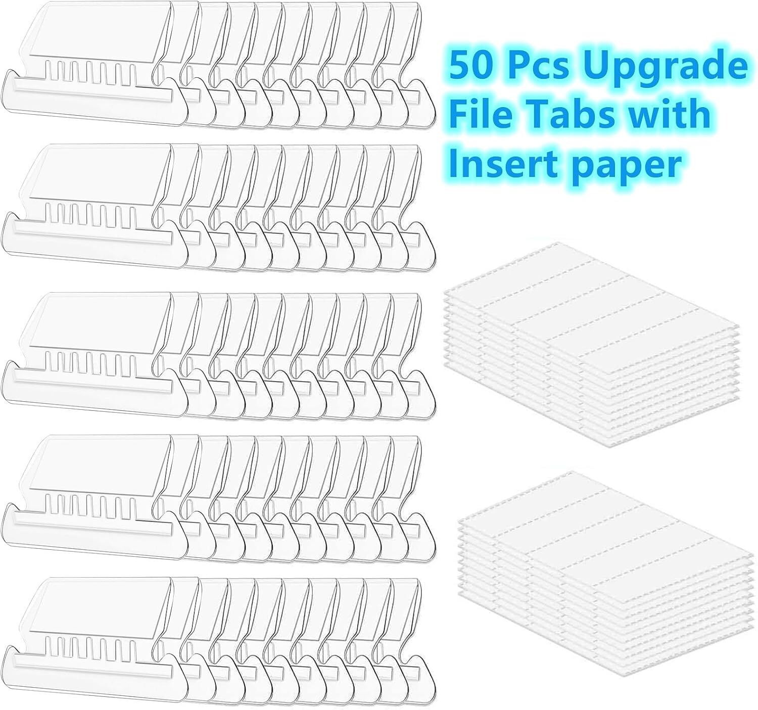 50 Pack Plastic Hanging File Folder Tabs with 50 Blank Paper Inserts