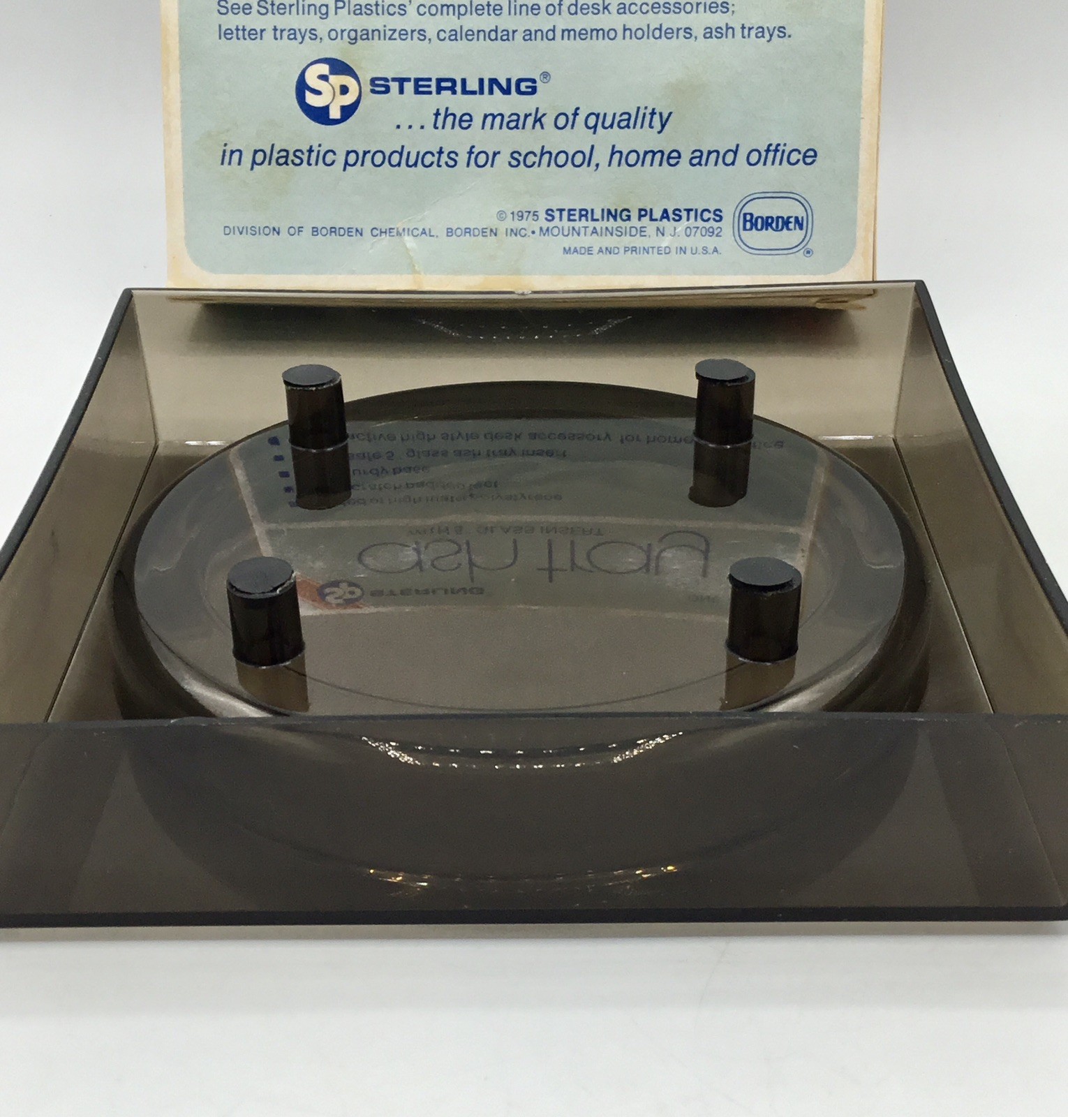 1975💥Retro Smoky Acrylic Desk/Office Ashtray w/Glass Insert-Sterling/Borden