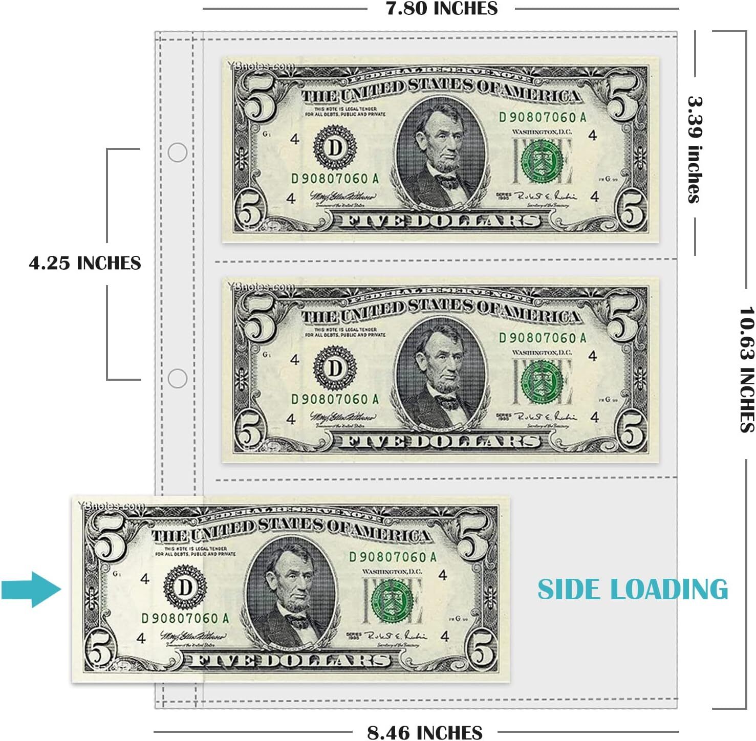 50 Sheets Currency Pages 3 Pockets Paper Money Protectors for 3 Ring Binders
