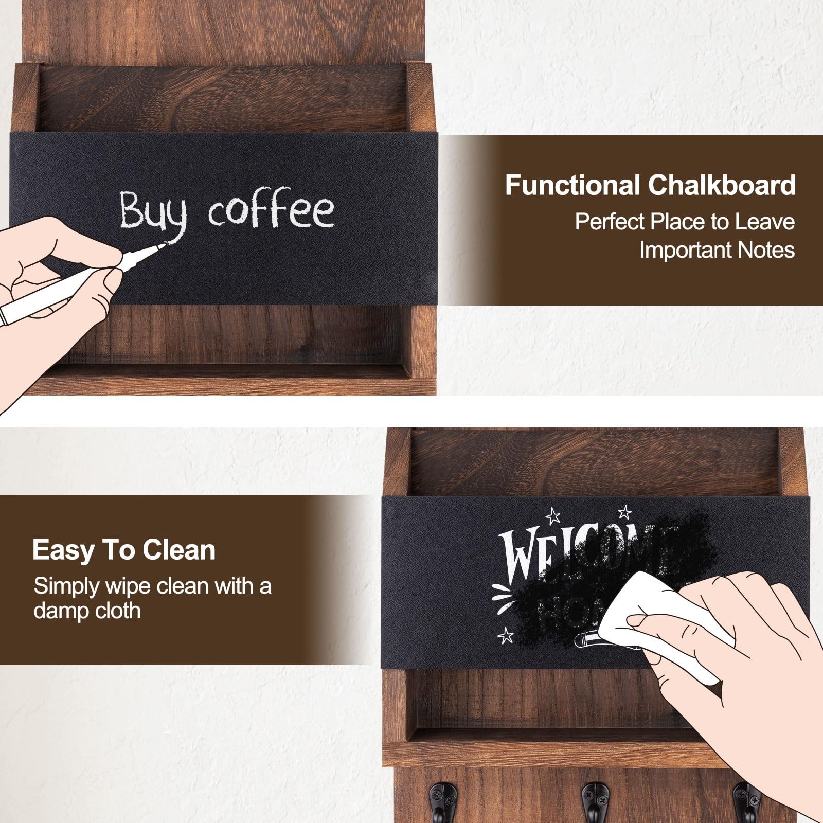 Brown Key Mail Holder Wall Hanger 3 Hooks Chalkboard Entryway Organizer