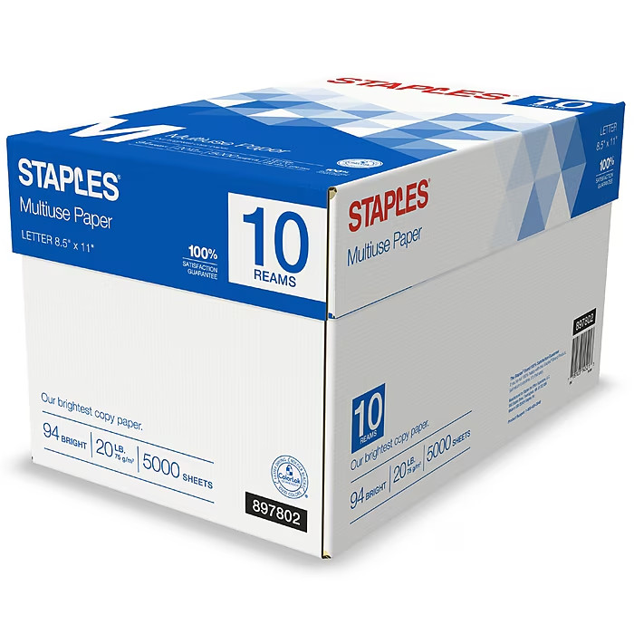 Staples Multiuse Copy Paper 8.5×11 20 lb 94 Brightness 10 Reams – 5000/carton