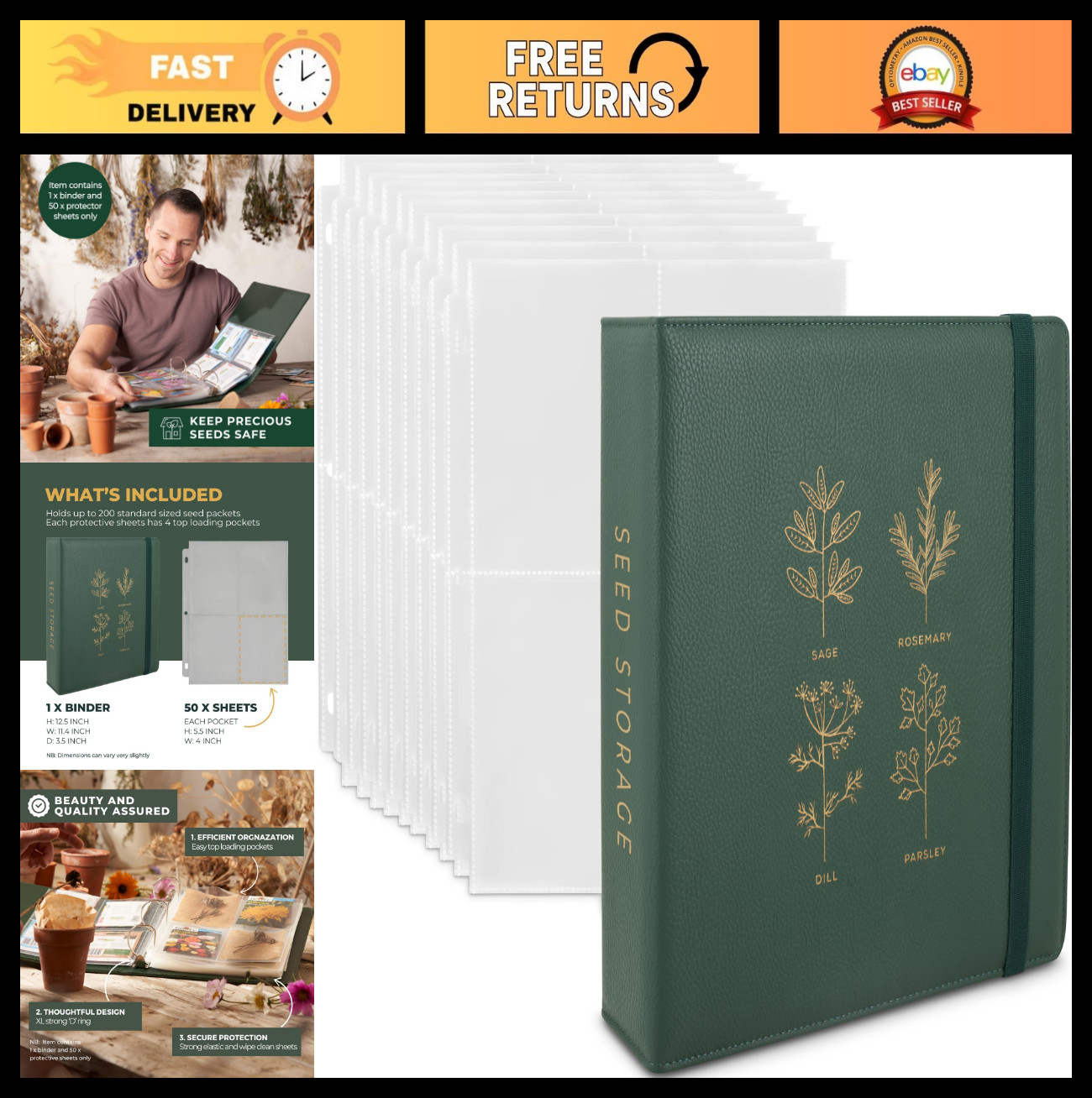 Seed Storage Organizer Binder – Holds 200 Seed Packets, Includes 50 Sheet Protec