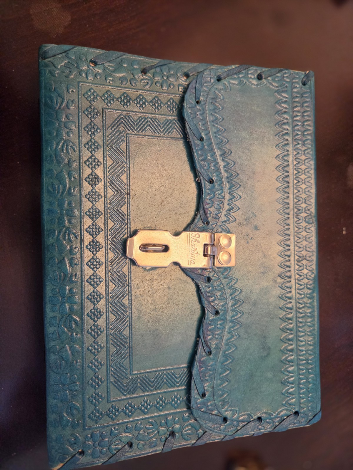 New Vintage Handmade Tooled Leather Journal Diary Notebook Teal w Lock & Key 7×5