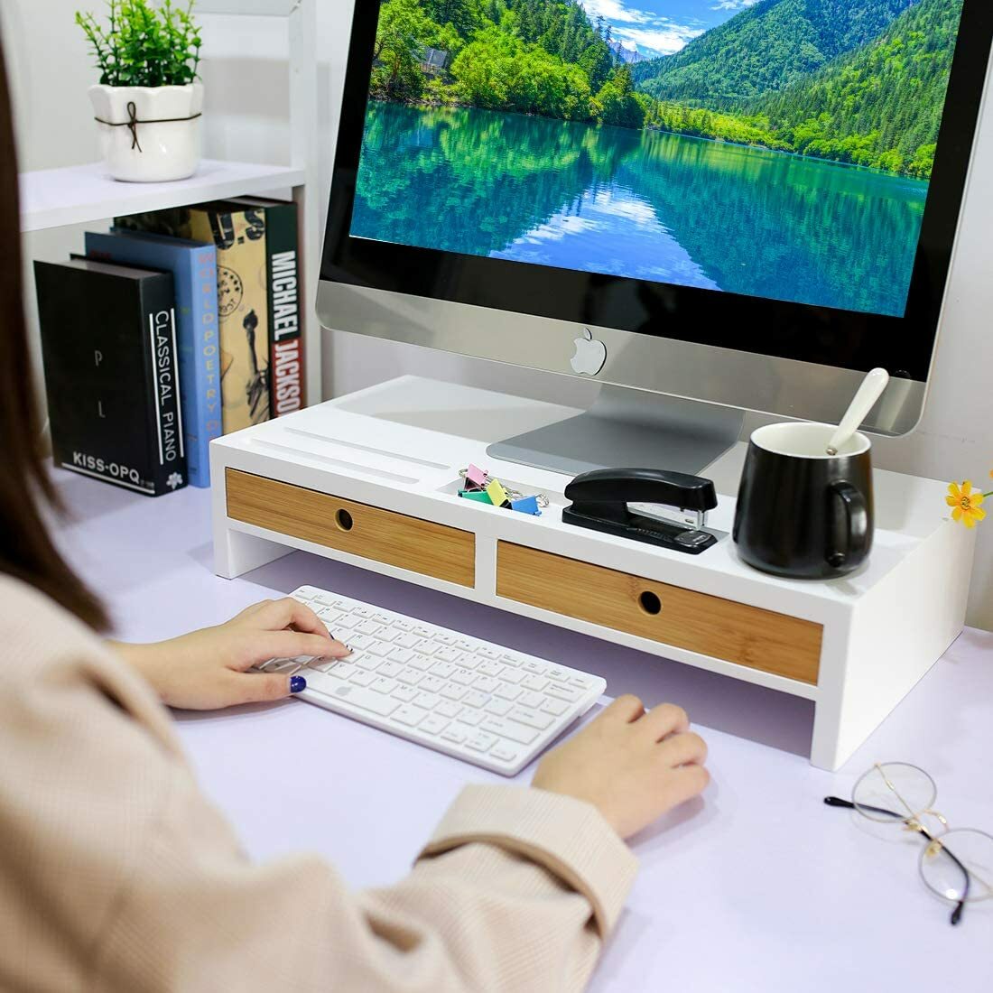 Computer Monitor Stand with Drawers – White Wood Laptop Screen Printer TV Riser
