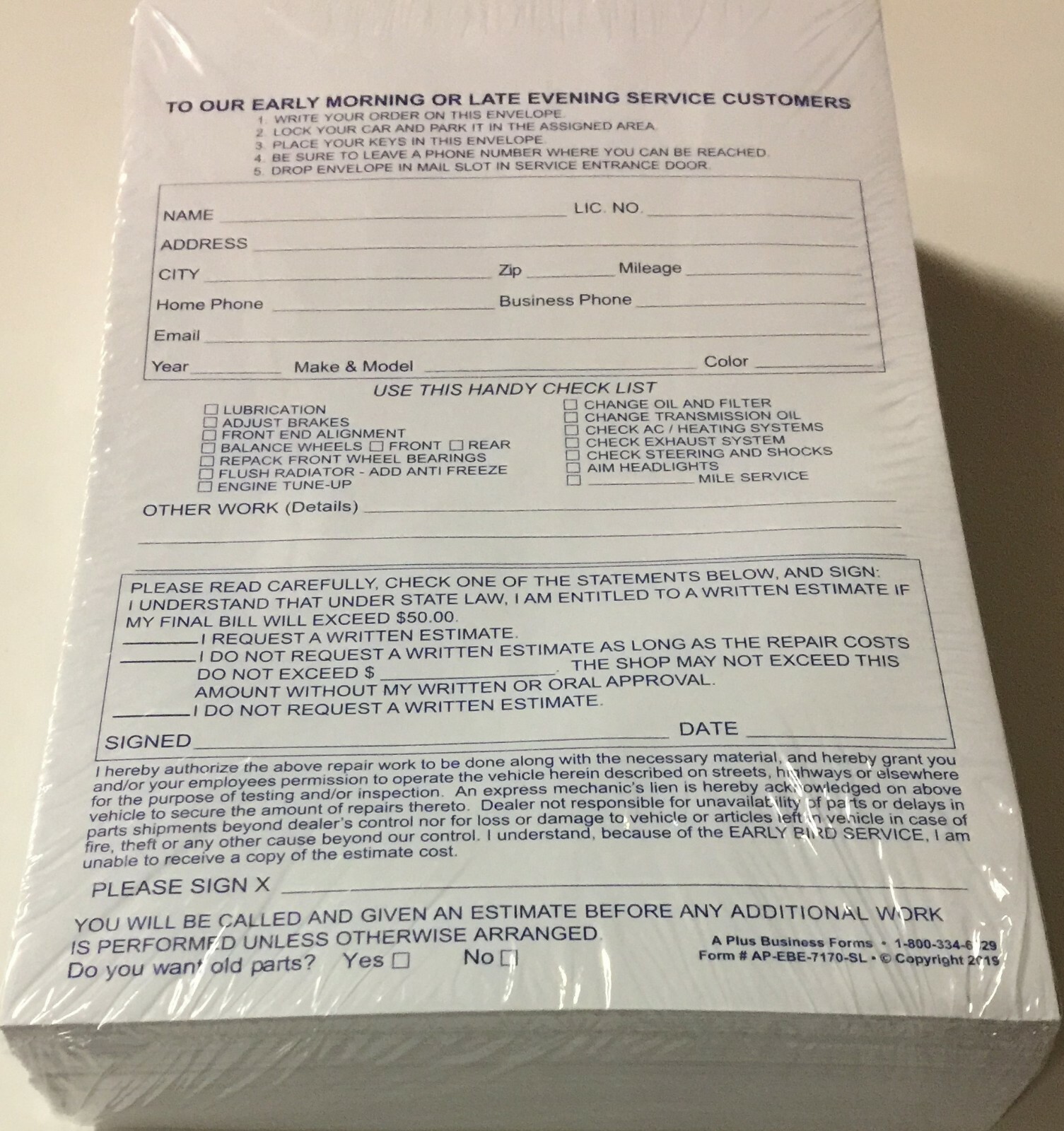 Drop Off Envelope for Auto Service 6 x 9 – 500 Qty. EBE-7170-SL (R42)