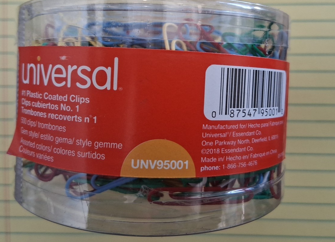 Universal Plastic-Coated Paper Clips, Small (no. 1), Assorted Colors, 1000/ pack