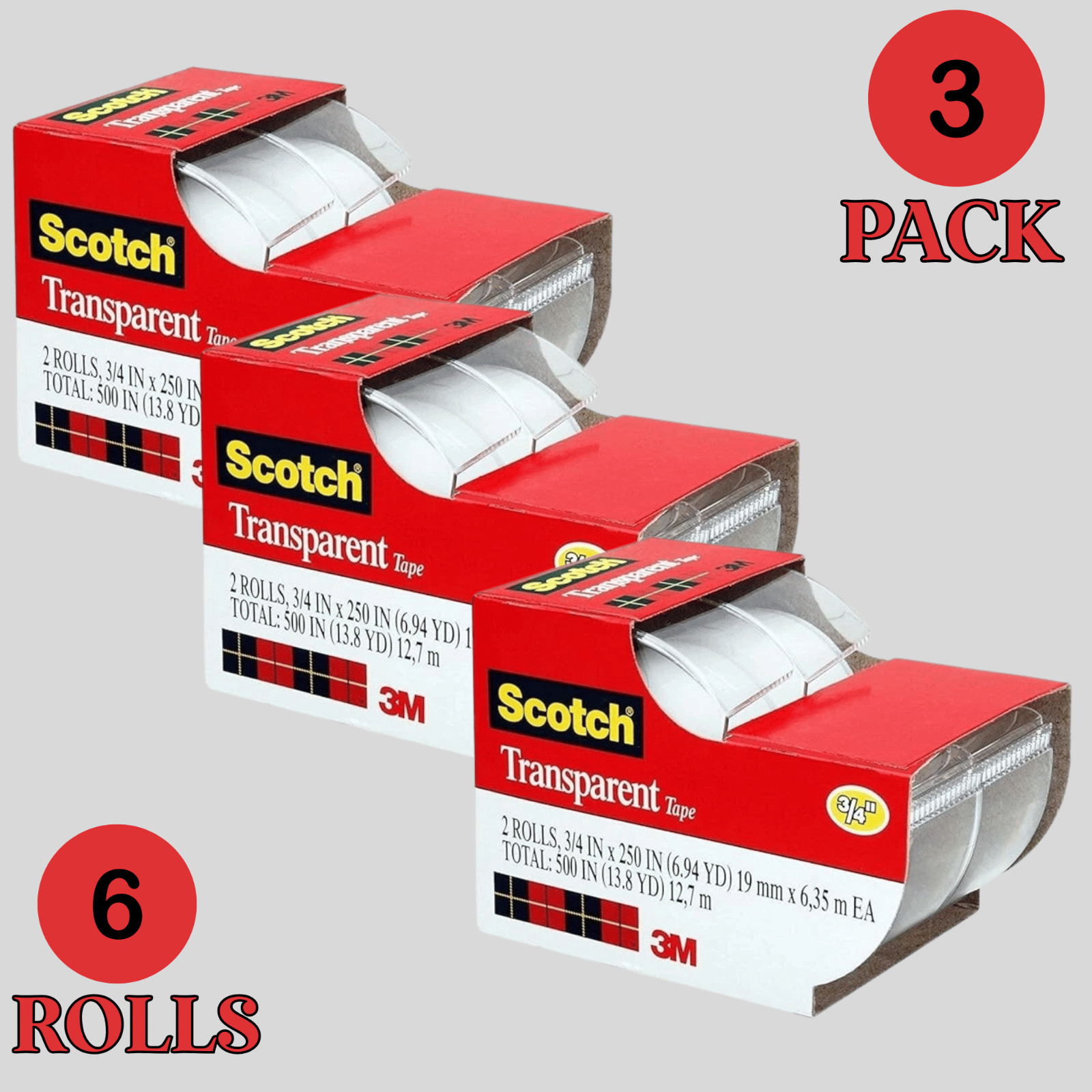 Scotch Transparent Tape 3/4″ x 250″, 3 Pack (6 Rolls) Strong Clear Adhesive 3M