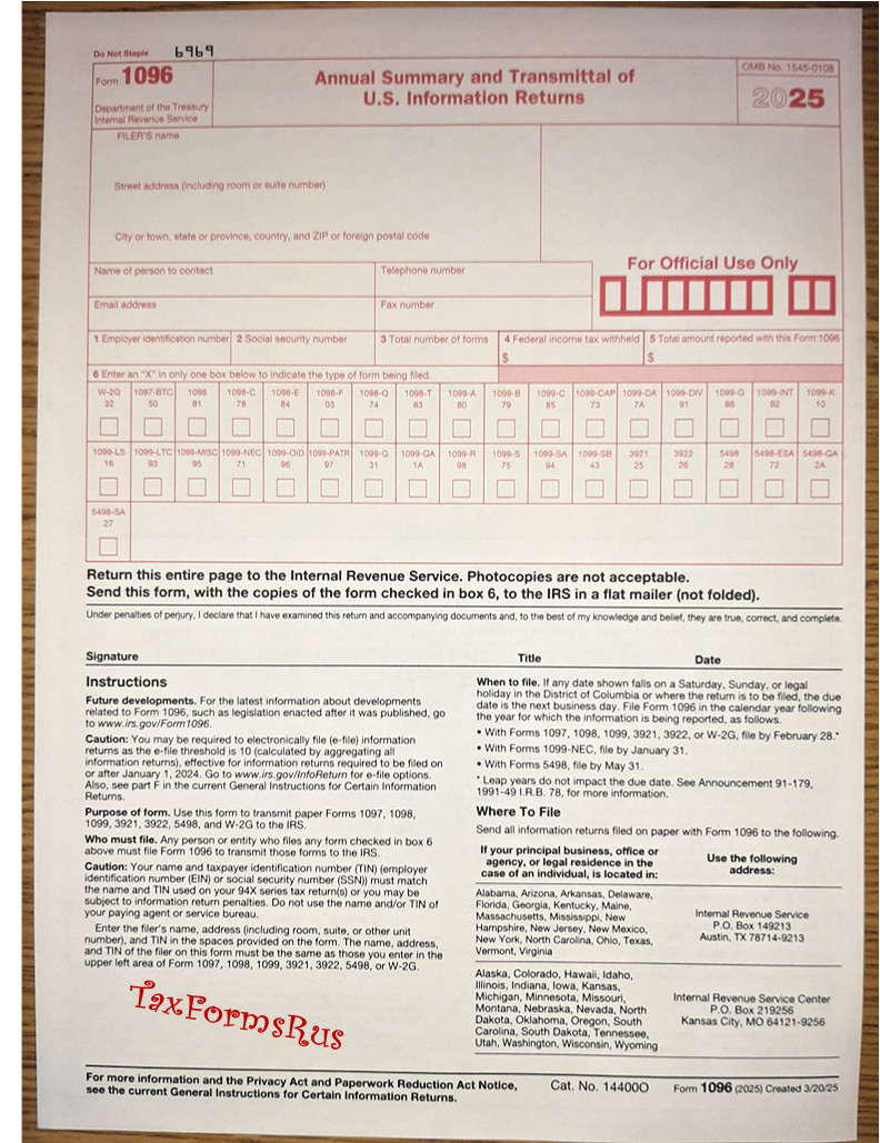 2025 IRS Tax Form 1096 Annual Summary and Transmittal (for 1099’s to IRS)