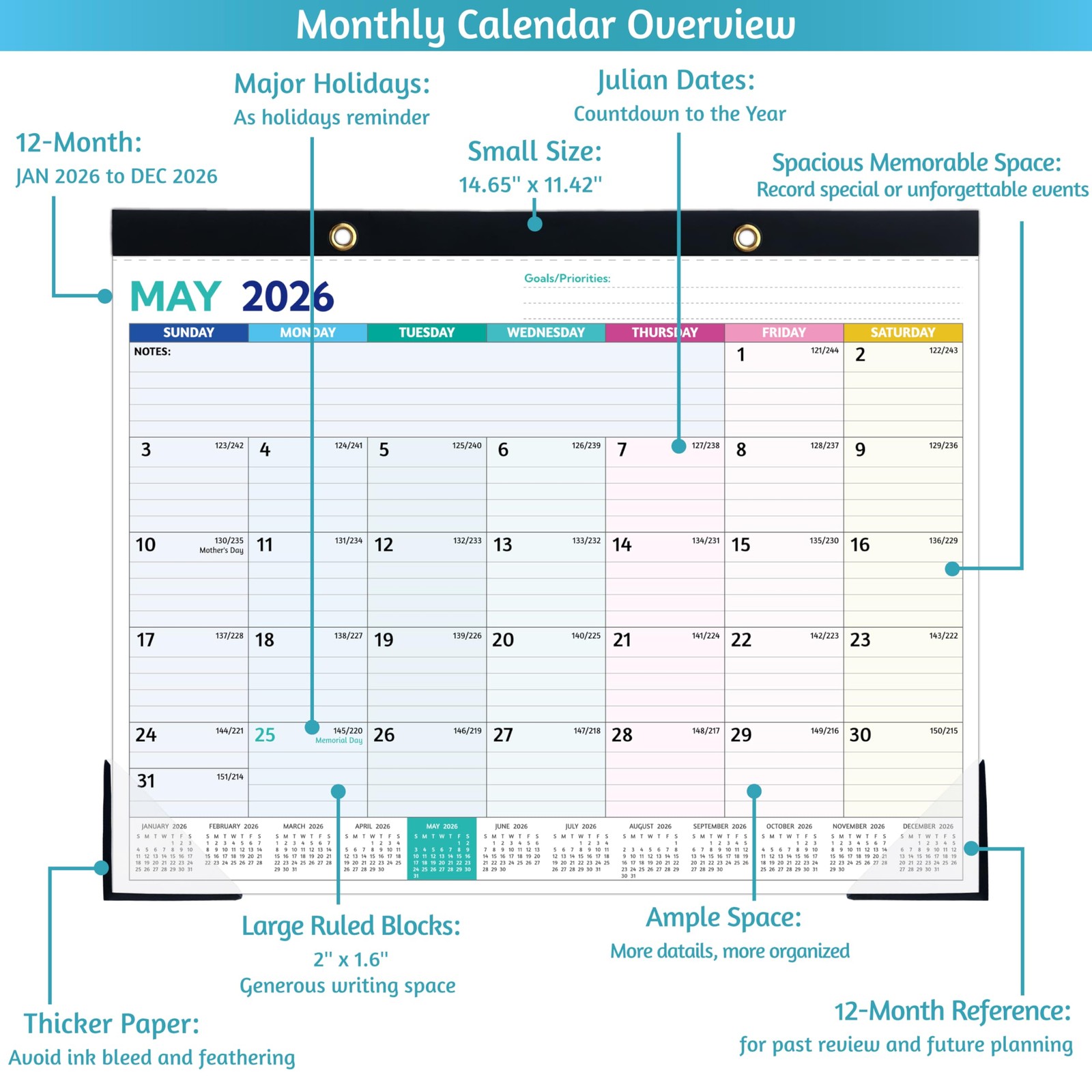 2026 Desk Calendar – Jan 2026 – Dec 2026, 12 Monthly Calendar, Large Desk…