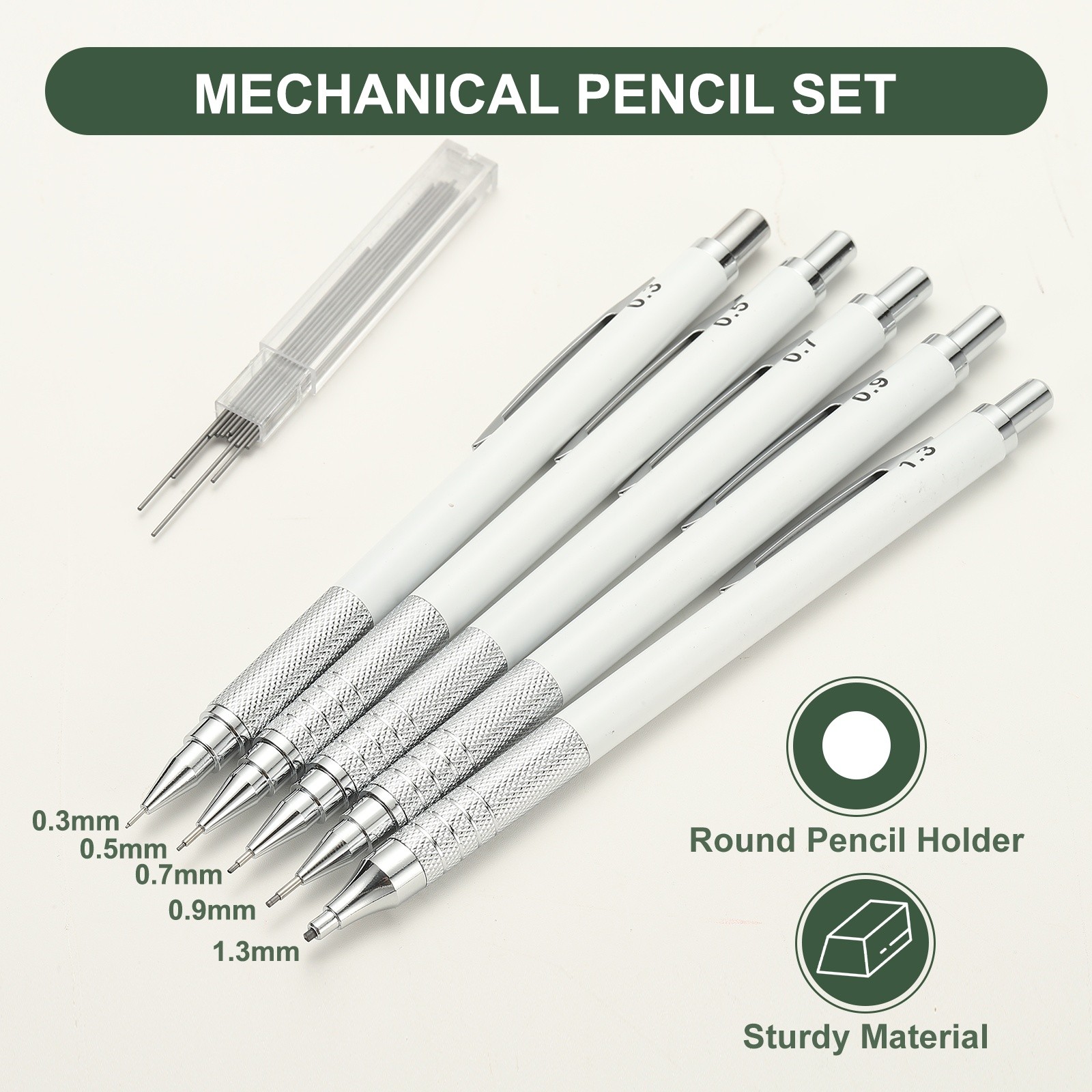 Mechanical Pencil 0.3mm Fine Point with 5Pcs Refills, White
