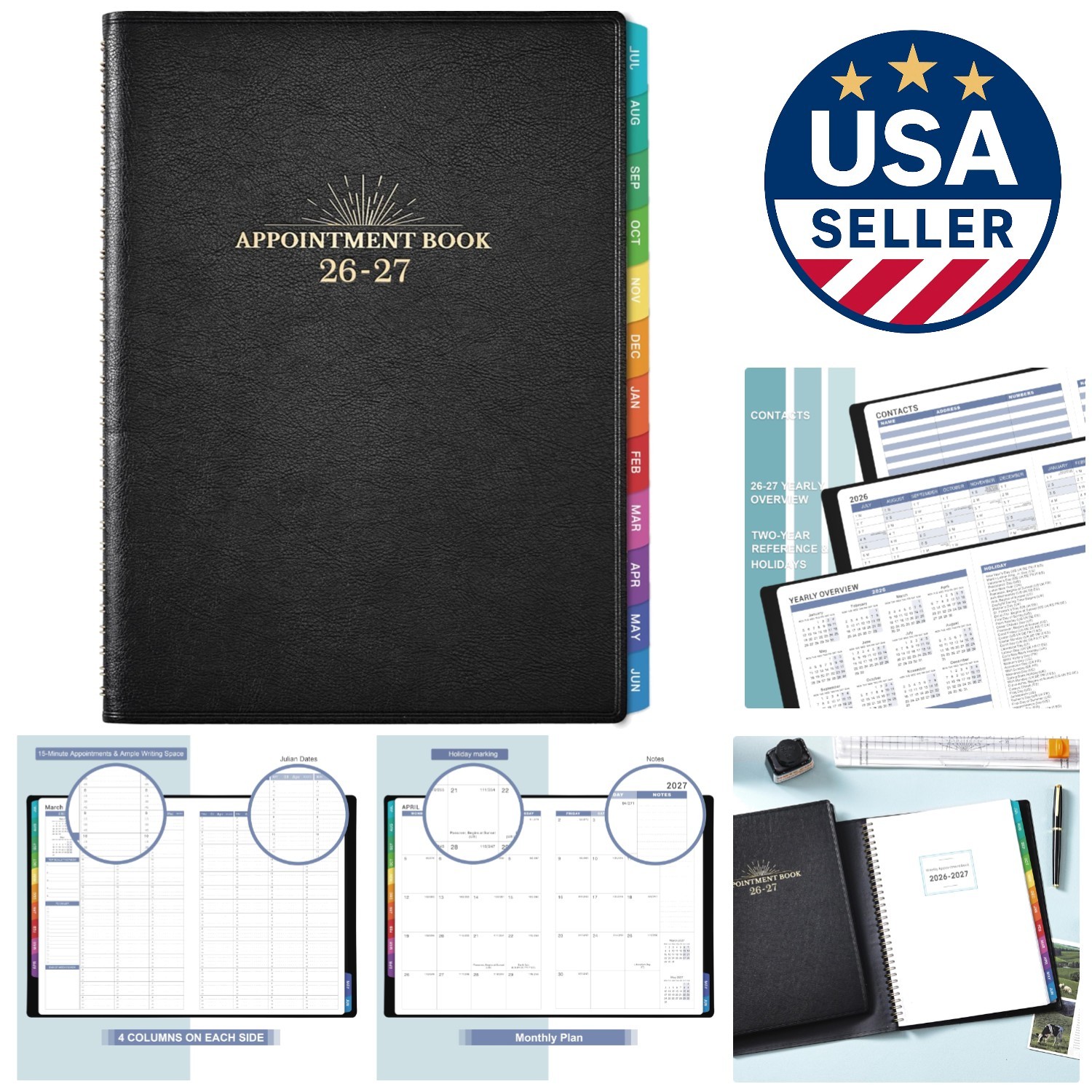 Luxury Appointment Book 2026-2027 – 15-Minute Intervals, Faux Leather Cover