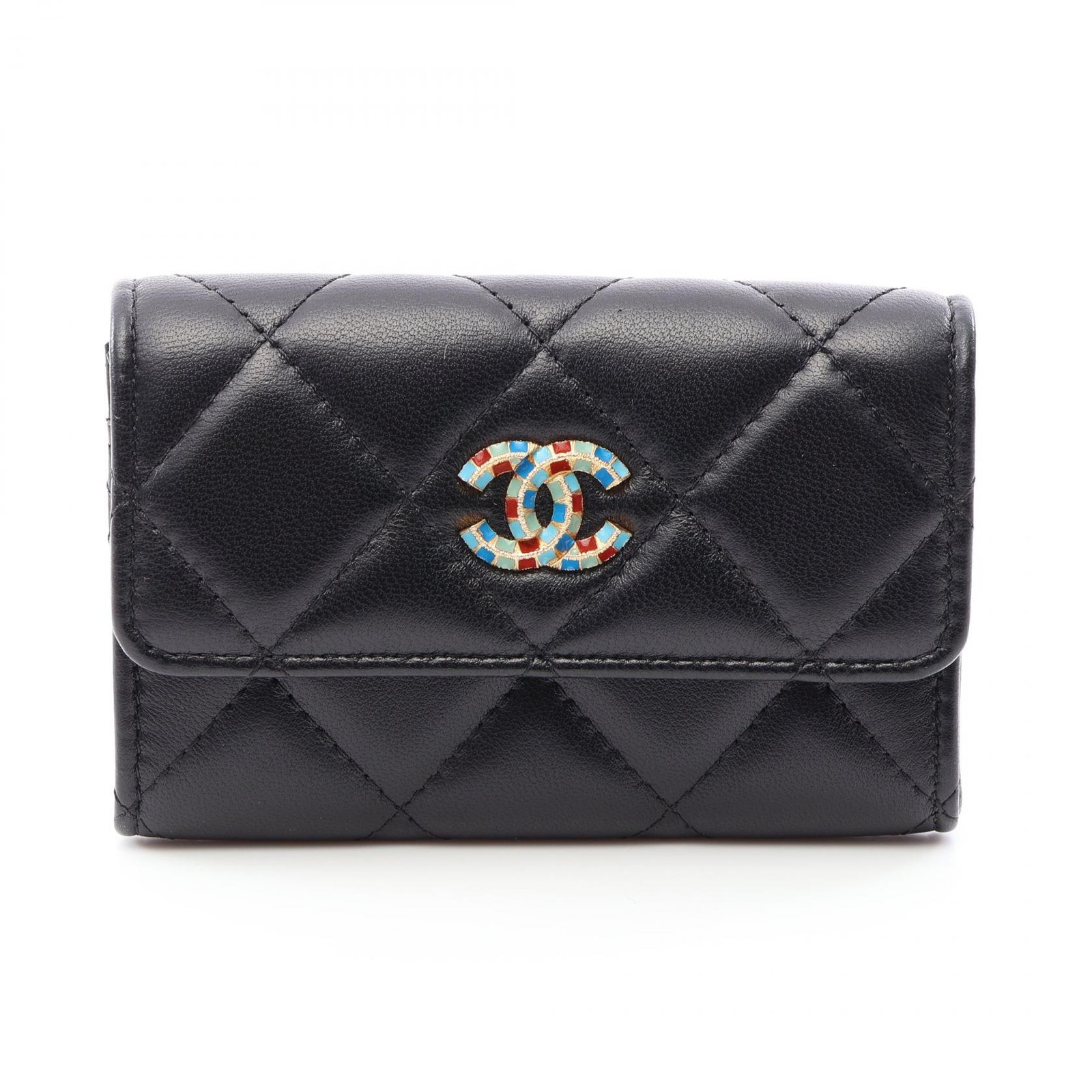 CHANEL Matelasse Card Case Holder Lambskin sheep leather Black GHW Used Women CC