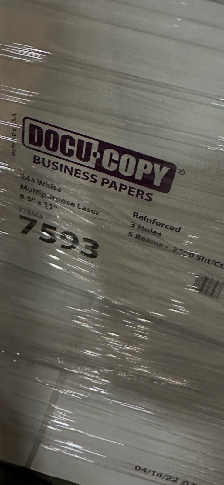 DocuCopy 7593 Reinforced Copy Paper 24lb. 8.5″ x 11″ 3 Hole Punch 1 Case/5 Reams