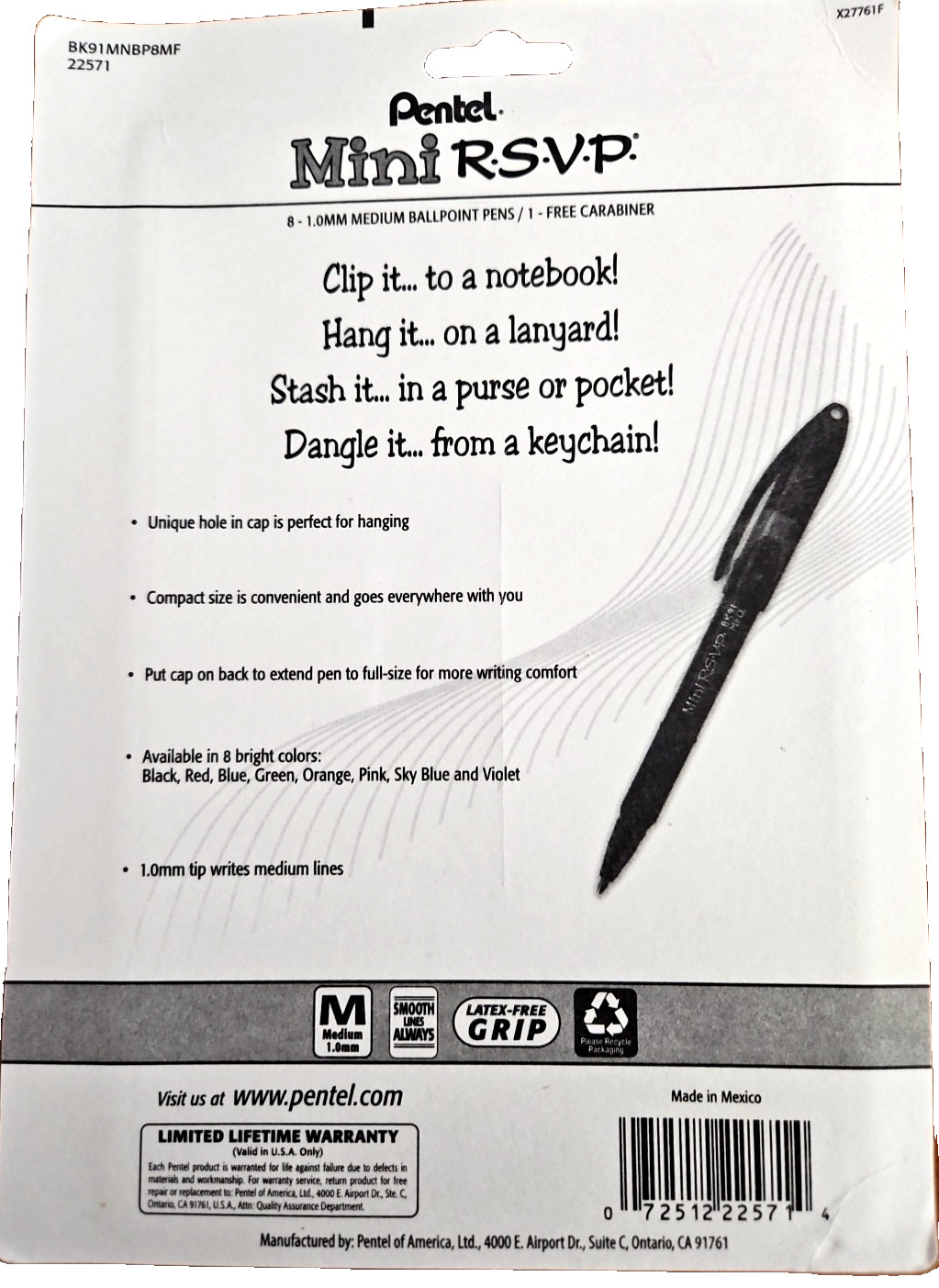 Pentel RSVP Mini Ballpoint Pen, (1.0mm) Medium Line, 8 ink colors w/carabiner