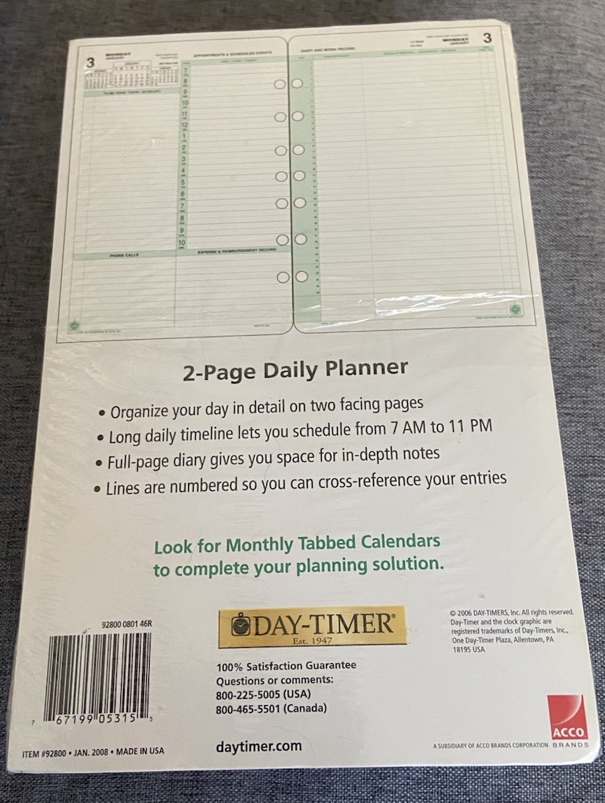 NEW 2008 Day-Timer 2-Page Daily Planner Refill Pages Fit 3 & 7 Ring 5 1/2×8 1/2