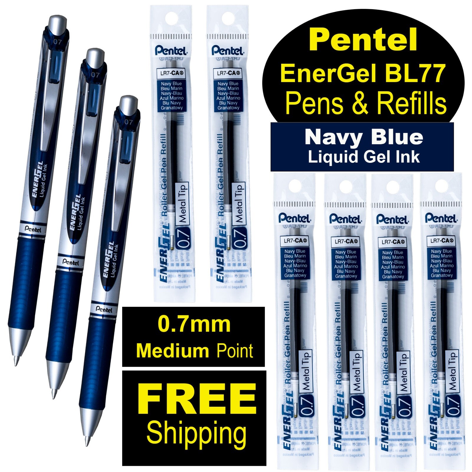 Pentel EnerGel RTX BL77-CA 0.7mm Navy Blue Gel Ink Rollerball Pens & Refills