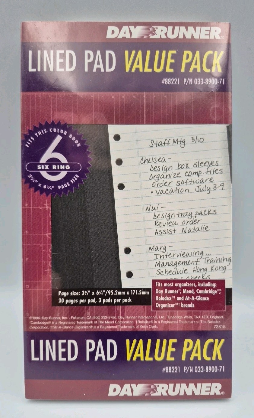 Day Runner Lined Pad Value Pack (3 pads with 30 Pages, 3 3/4″ x 6 3/4″) #88221
