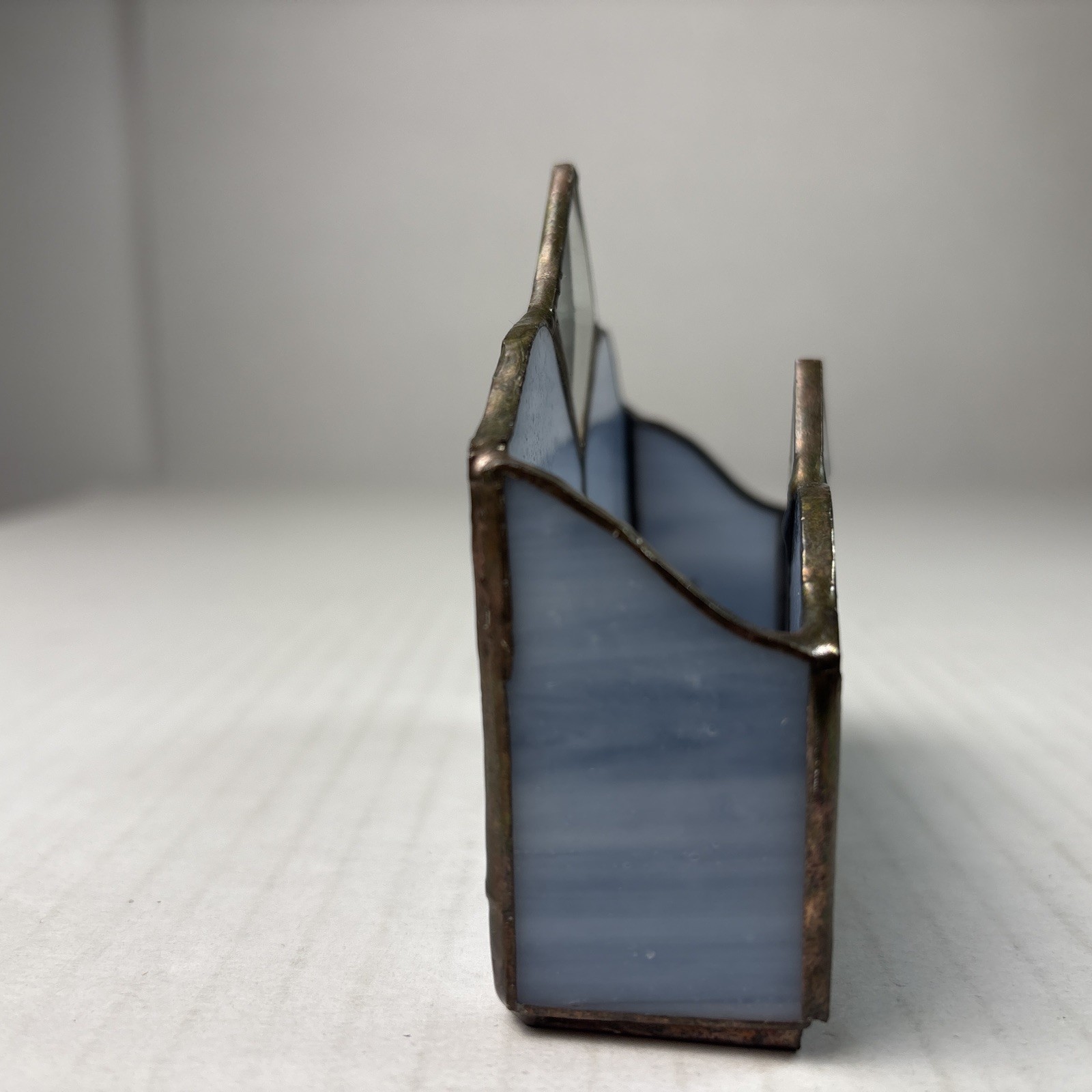 handcrafted stained glass business card desk organizer with metal frame Vintage