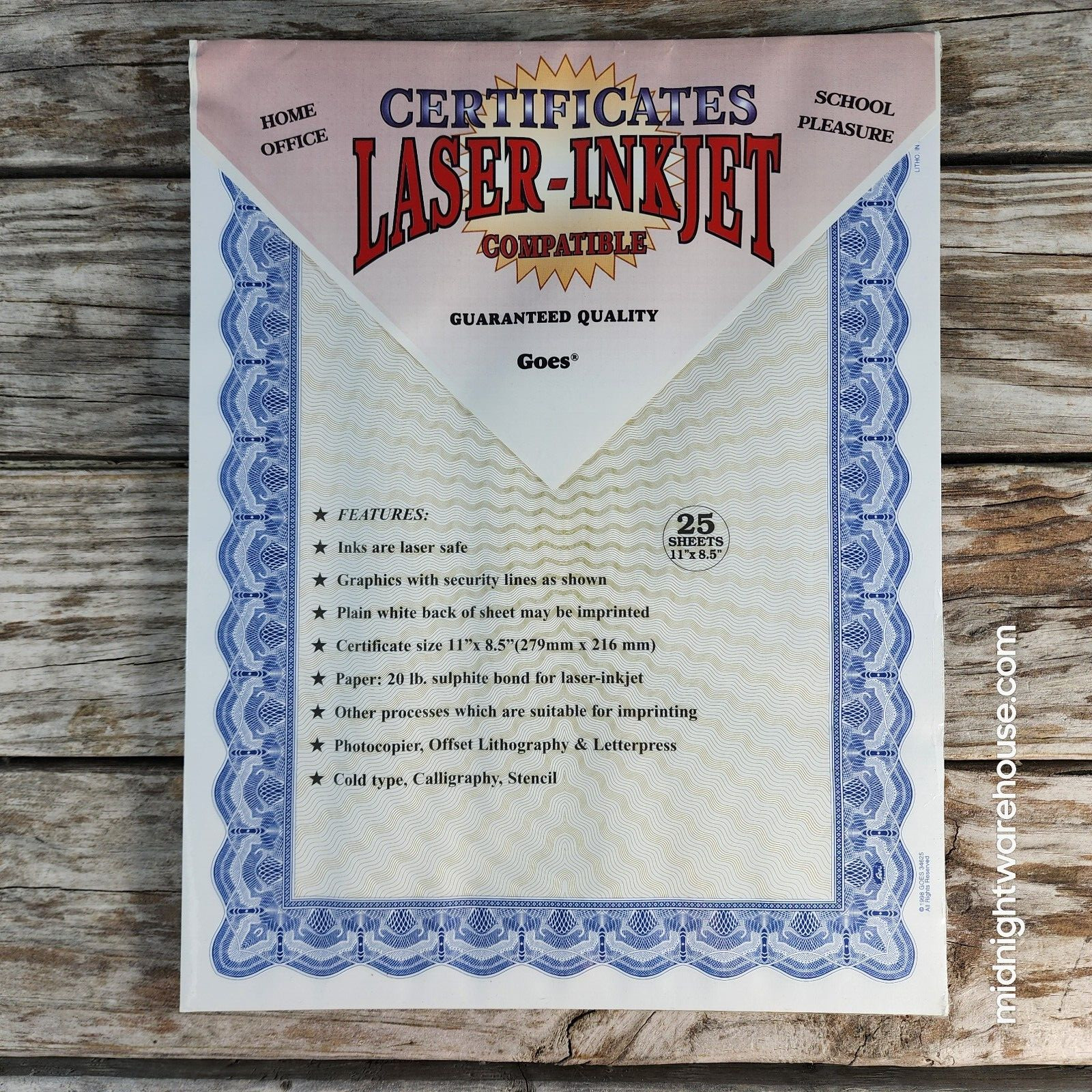 Blue/Gold Blank Award Certificate Printer Paper Carmine GOES 34625 25pk NOS