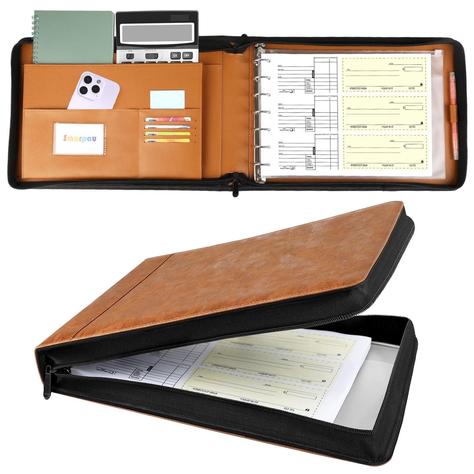 Business Checkbook Binder 7 Ring, PU Leather Check Binder Holds 600 Checks