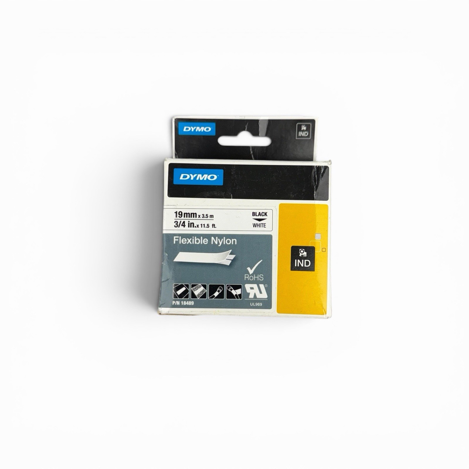Genuine Dymo Flexible Nylon Tape 3/4in 19mm x 3.5m Black on White 18489 OEM