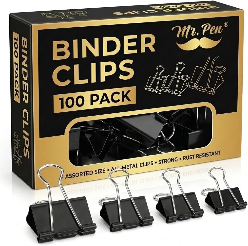 Tempered Steel Black Binder Clips Set – Secure Paper Clamps for Office & Home