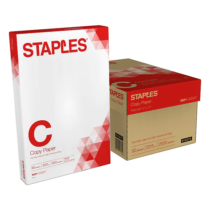 Staples Copy Paper 11″ x 17″ 20 lb White 2500 Sheets 5 Reams