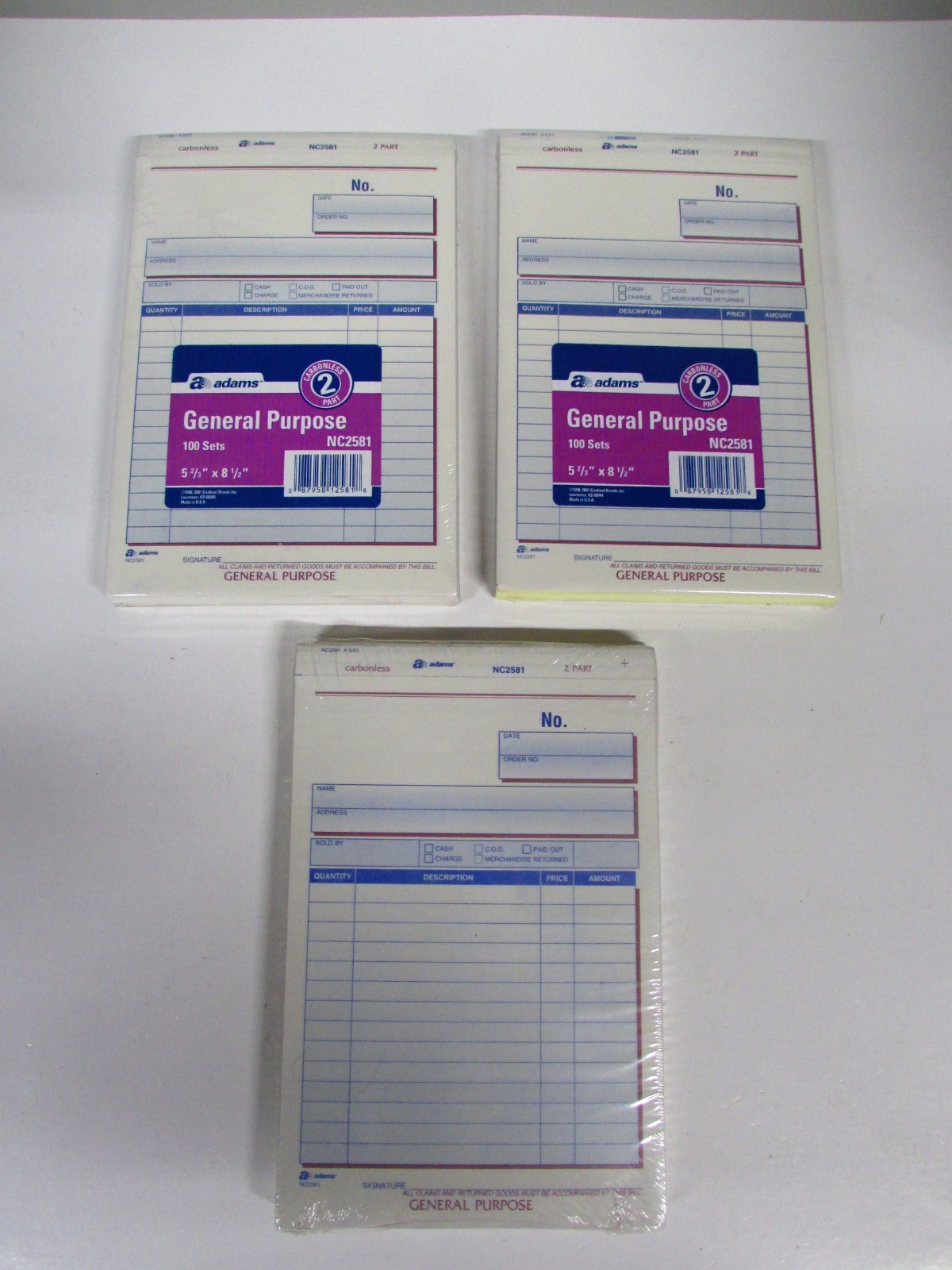 (NEW) Adams NC2581 General Purpose, 100 Carbonless Sets, 2 Part Form, 3 sets