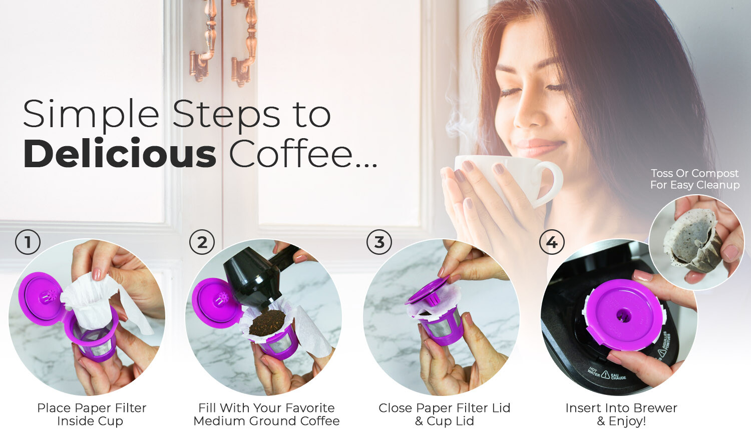 EZ Cup 2.0 Reusable K Cup Pod Starter Set Pack Coffee Paper Filters for Keurig