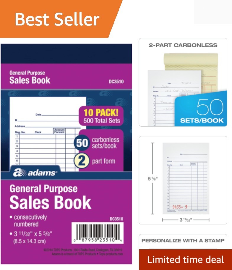 General Purpose Sales Book, 2-Part, Carbonless, White/Canary, 3-11/32 x 5-5/8…