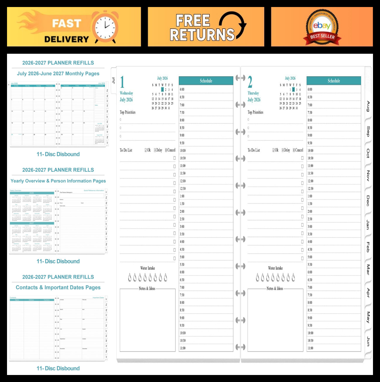 2026-2027 Daily & Monthly Planner Refills, 11-Disc Discbound, Letter Size 8.5×11