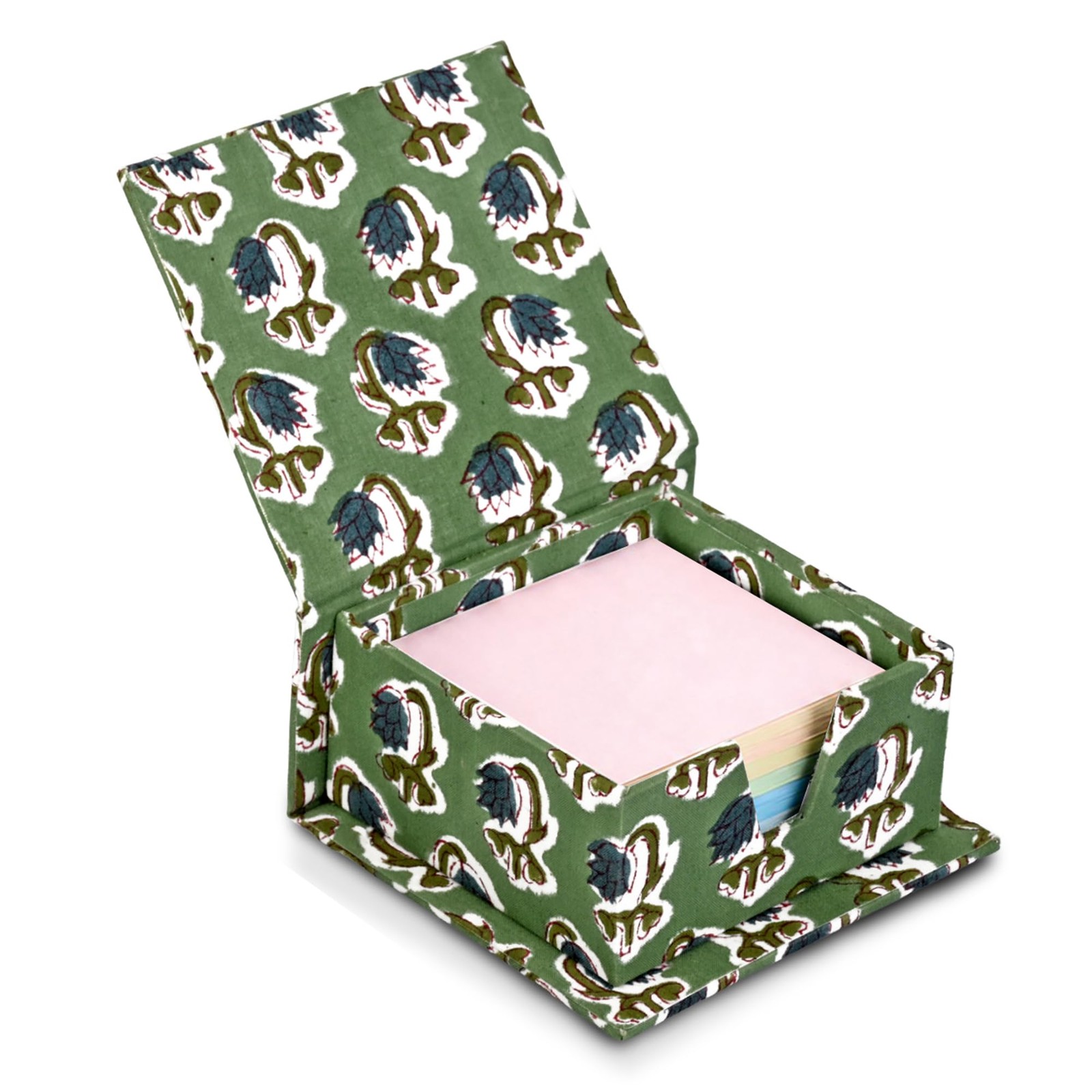 Block Print Basil Green Sticky Note Holder Box for Desk, Aesthetic Memo Pad O…
