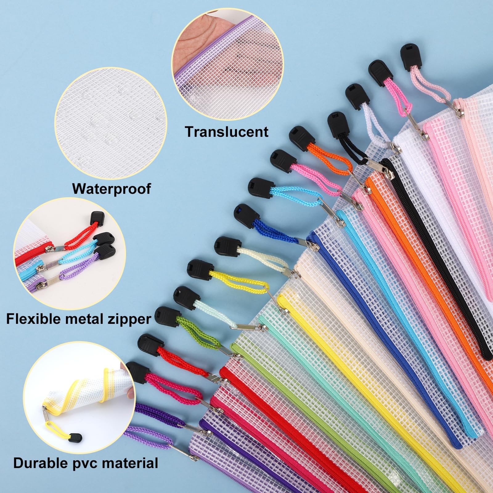 EOOUT 64pcs Mesh Zipper Pouch Bags, 8 Sizes Plastic 15 Multicolor