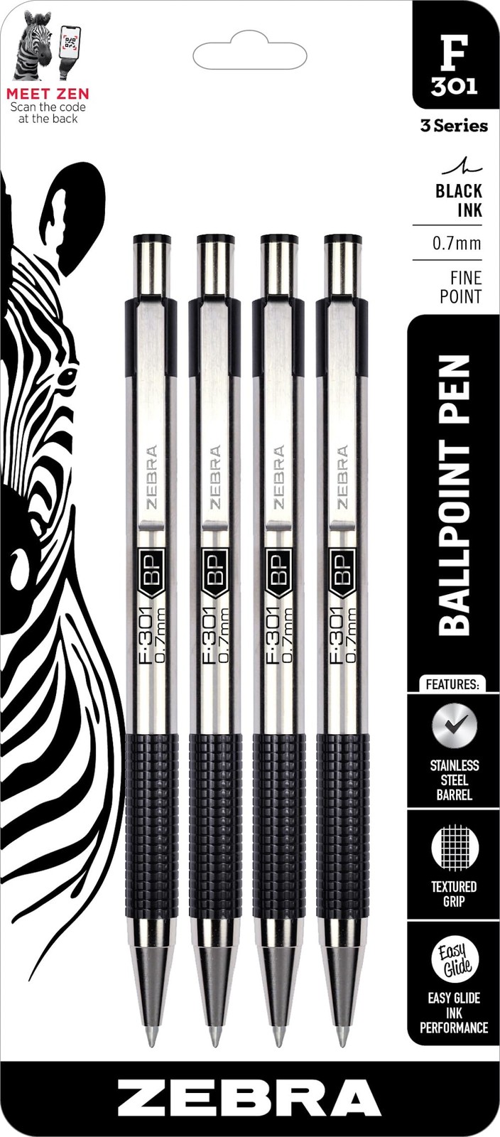 Zebra Pen F-301 Ballpoint Black Ink Fine Point 1 Count (Pack of 4), D