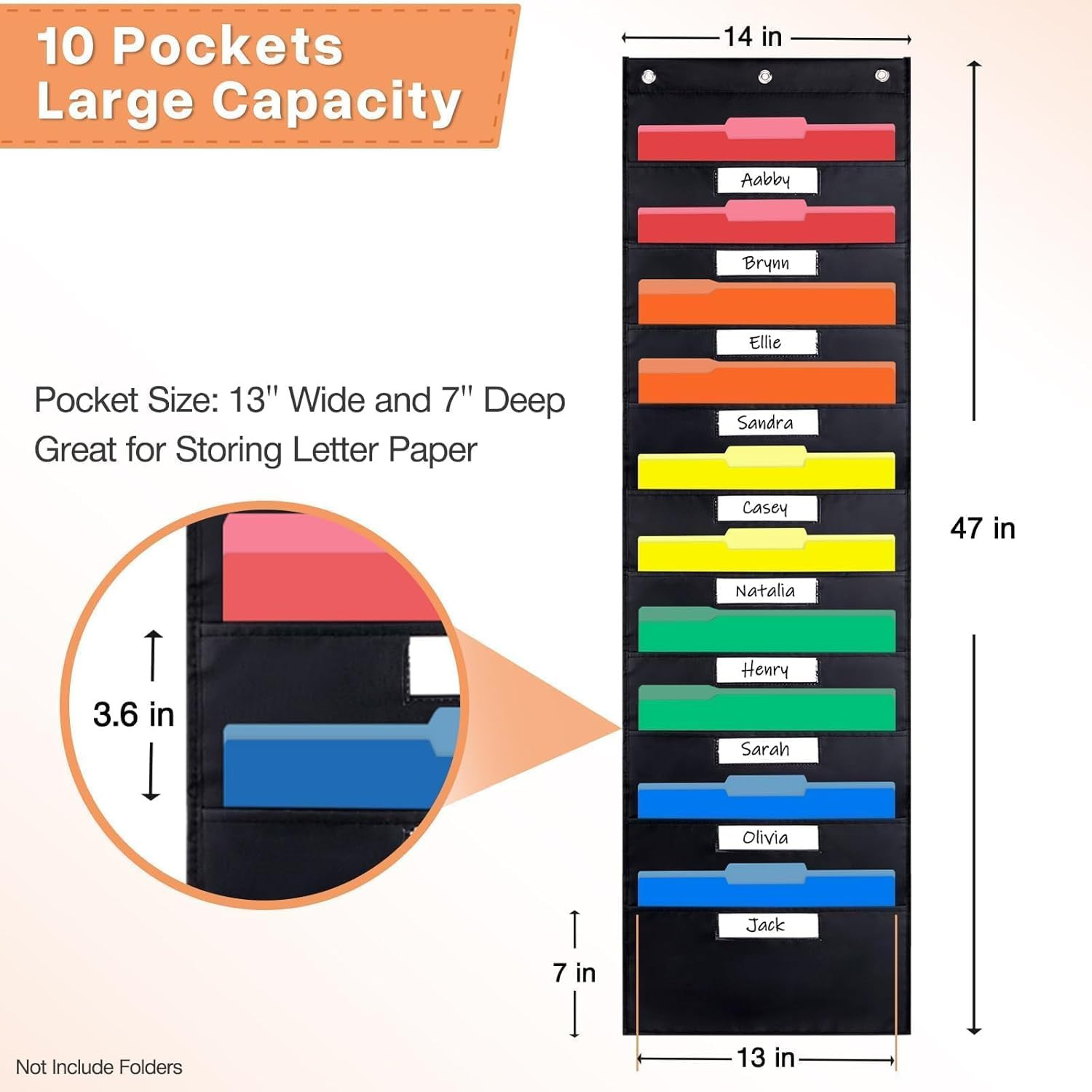 10 Pocket Storage Chart with Nametag Pockets, Hanging Organizer for Files (Black