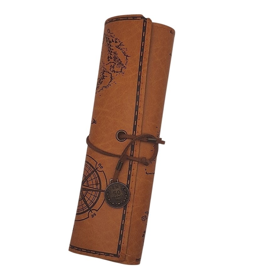Vintage Treasure Map Roll Up Pencil Case PU Leather Pen Pouch Brush Holder