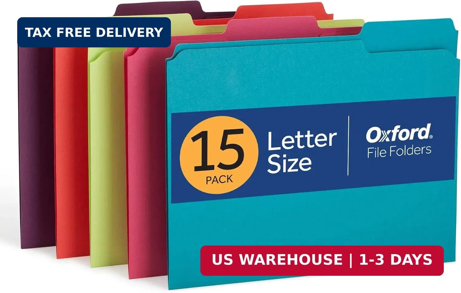 Oxford Colored File Folders, 15 Pack, 3 Tabs, 5 Bright Colors, Letter Size (8.5″