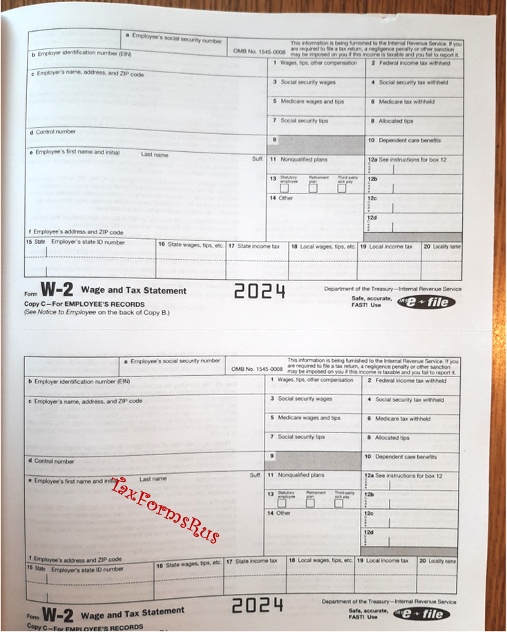 2024 IRS Tax Forms W-2 Wage Stmts for 4 employees NON-Carbonless +(1) W3, NO Env
