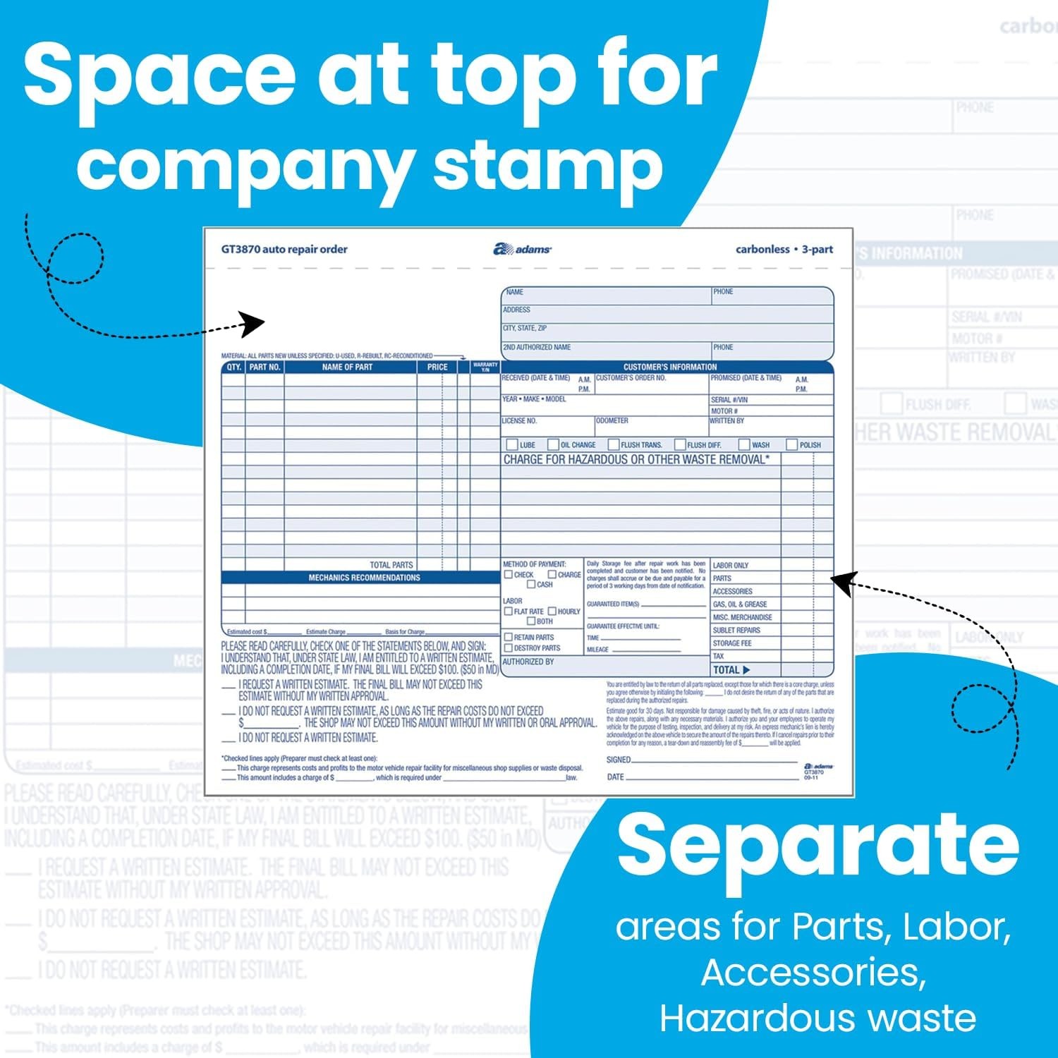 Adams 3-Part Carbonless Auto Repairs Book 8.5″L x 7.44″W 50 Forms/Book 301630