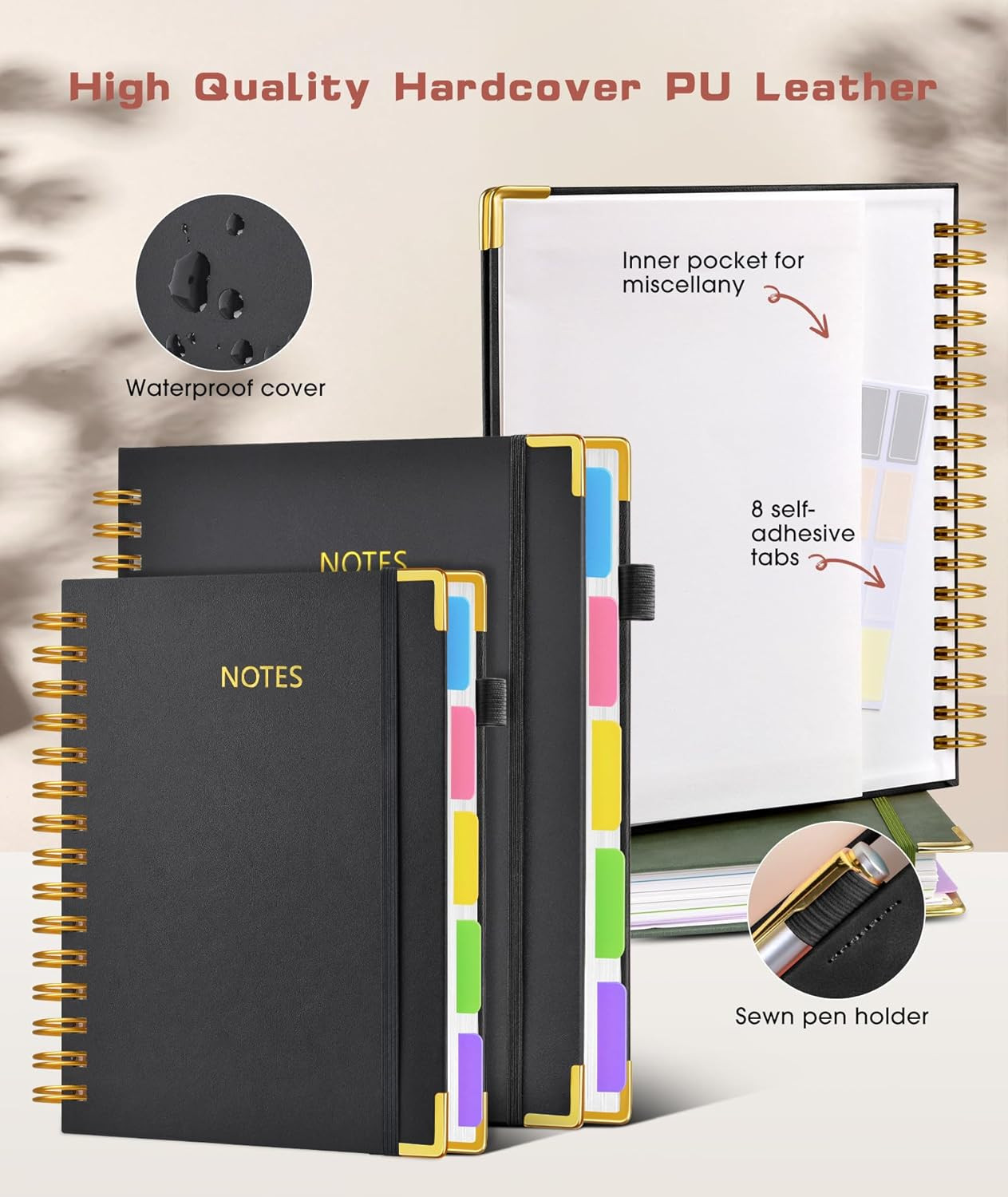 Hardcover Spiral Notebook Journal with Removable Dividers Tabs, 300 Pages Leathe
