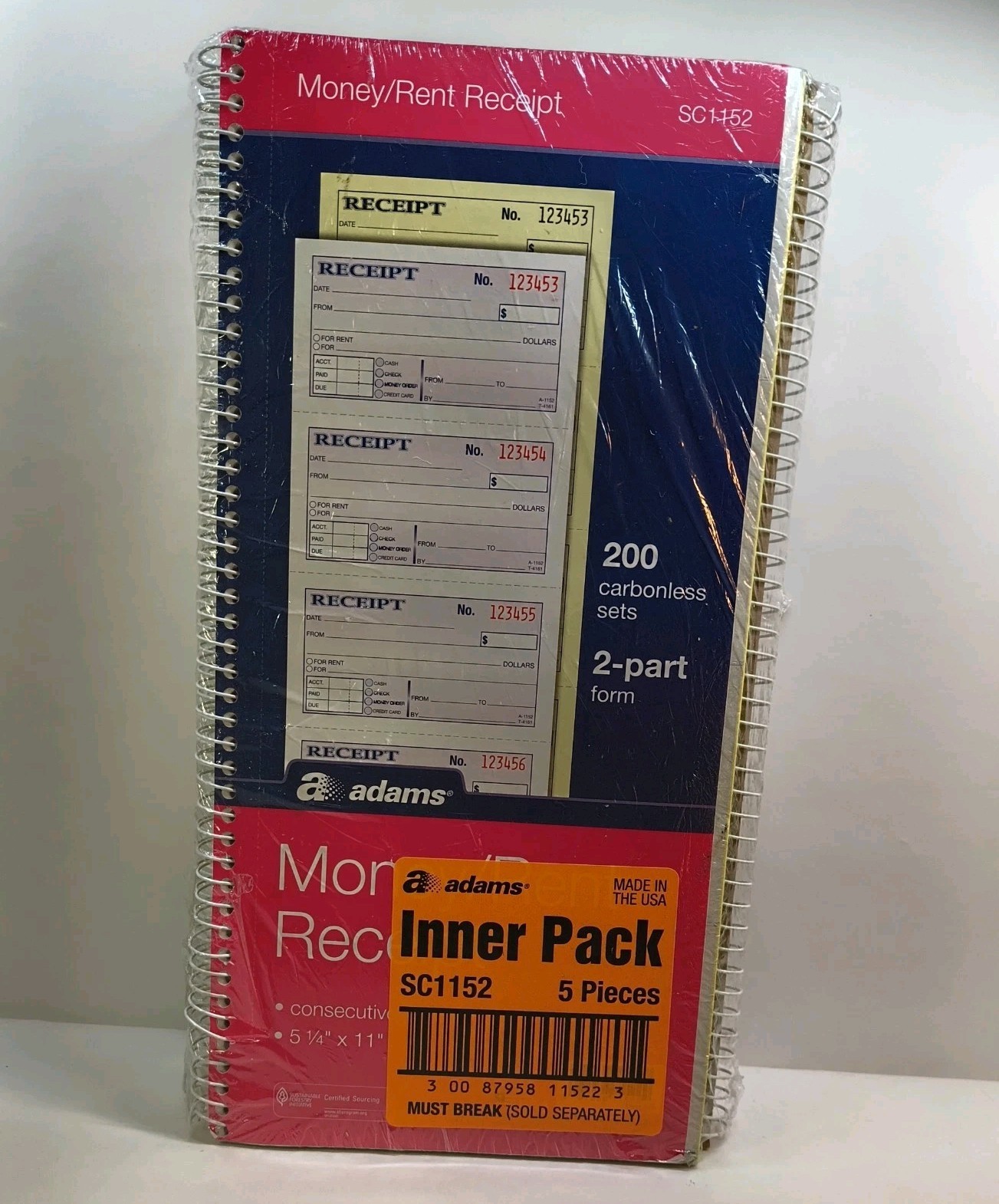 Adams Spiral Money Rent Receipt Books, 2 Part, 7-5/8″ x 11″, 5 Pack (1000 Forms)