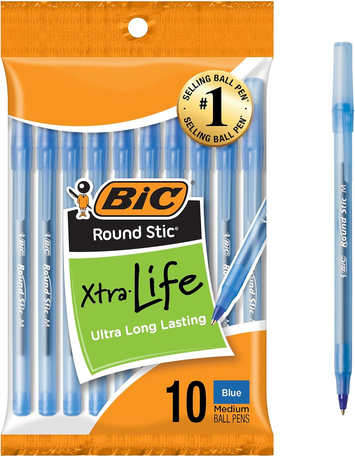 Round Stic Xtra Life Blue Ballpoint Pens, Medium Point (1.0mm), 10-Count Pack of
