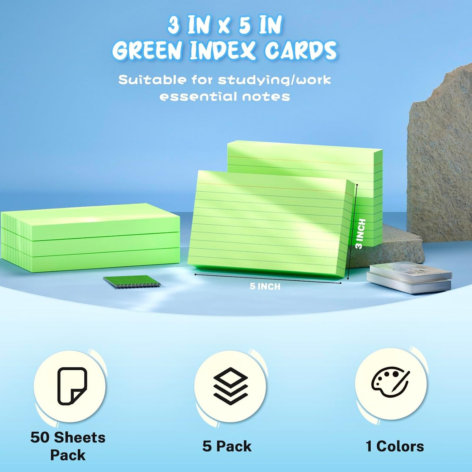 Green Index Cards 3×5, 250 Count Notecards 3×5 Lined, 3 x 5 Index Cards Ruled Fl